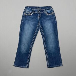 Y2K Low Rise Embellished Denim Jean Capris Rhinestone 8 McBling Dark Wash Faded